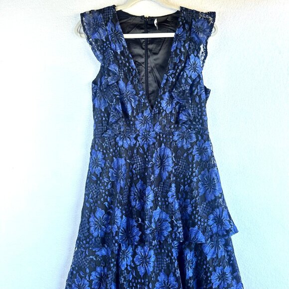 Lulus Dress Womens Medium Blue Black Lace Ruffle Tiered Maxi Formal Party - Picture 3 of 13